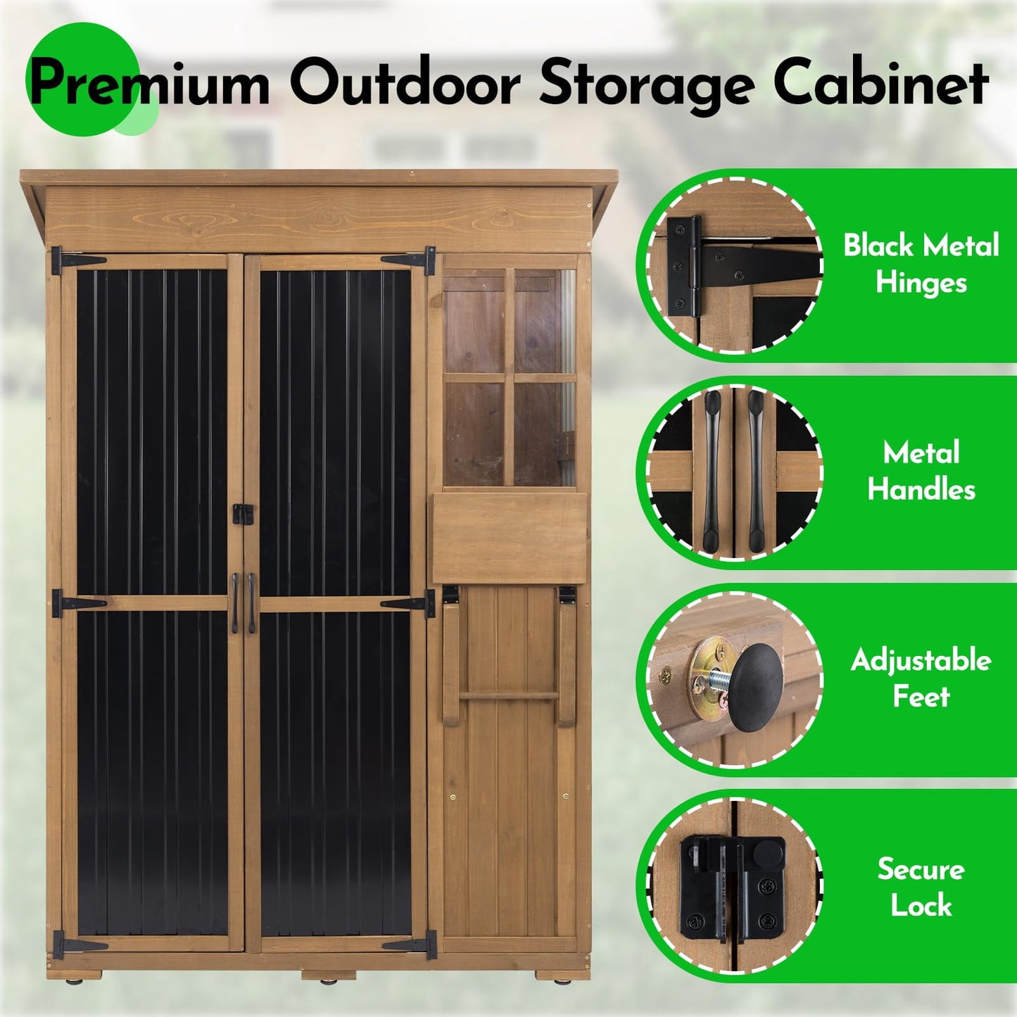 Petsblublu Large Storage Shed, Wood & Metal Outdoor Storage Cabinet for Patio Backyard, Garden Garage Tool Shed, Brown