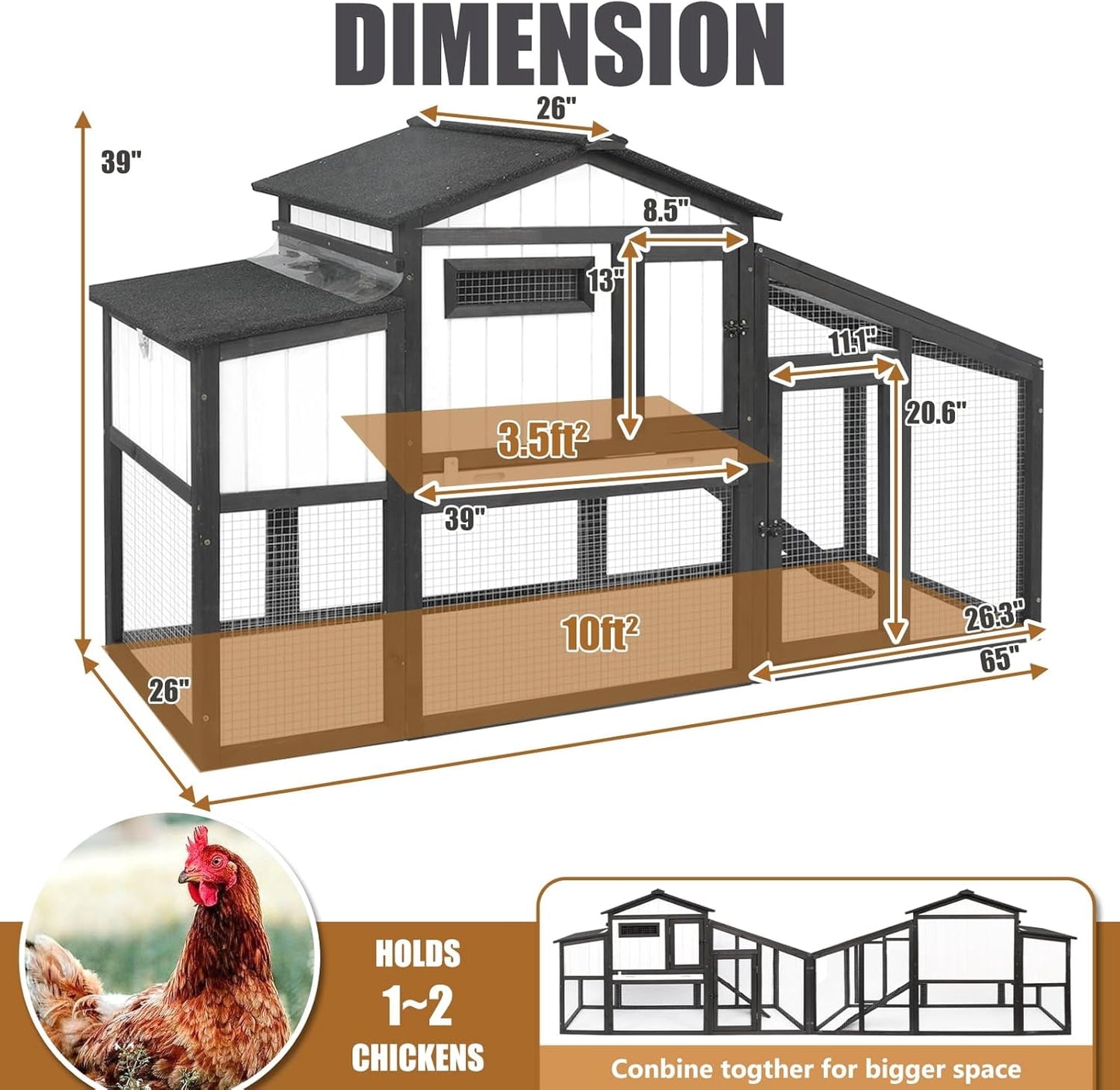 Petsblublu 65“L Outdoor Chicken Coop and Run, 2 Story Backyard Hen House with Nesting Box,Removable Tray,Ramp