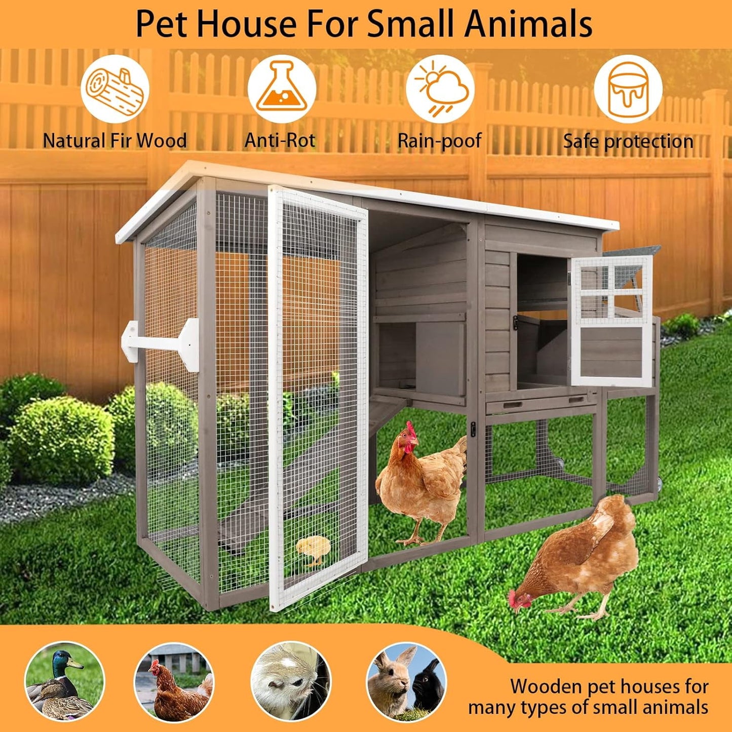 Petsblublu Outdoor Wooden Chicken Coop with Wheels Asphalt Roof Nest Boxes,Gray
