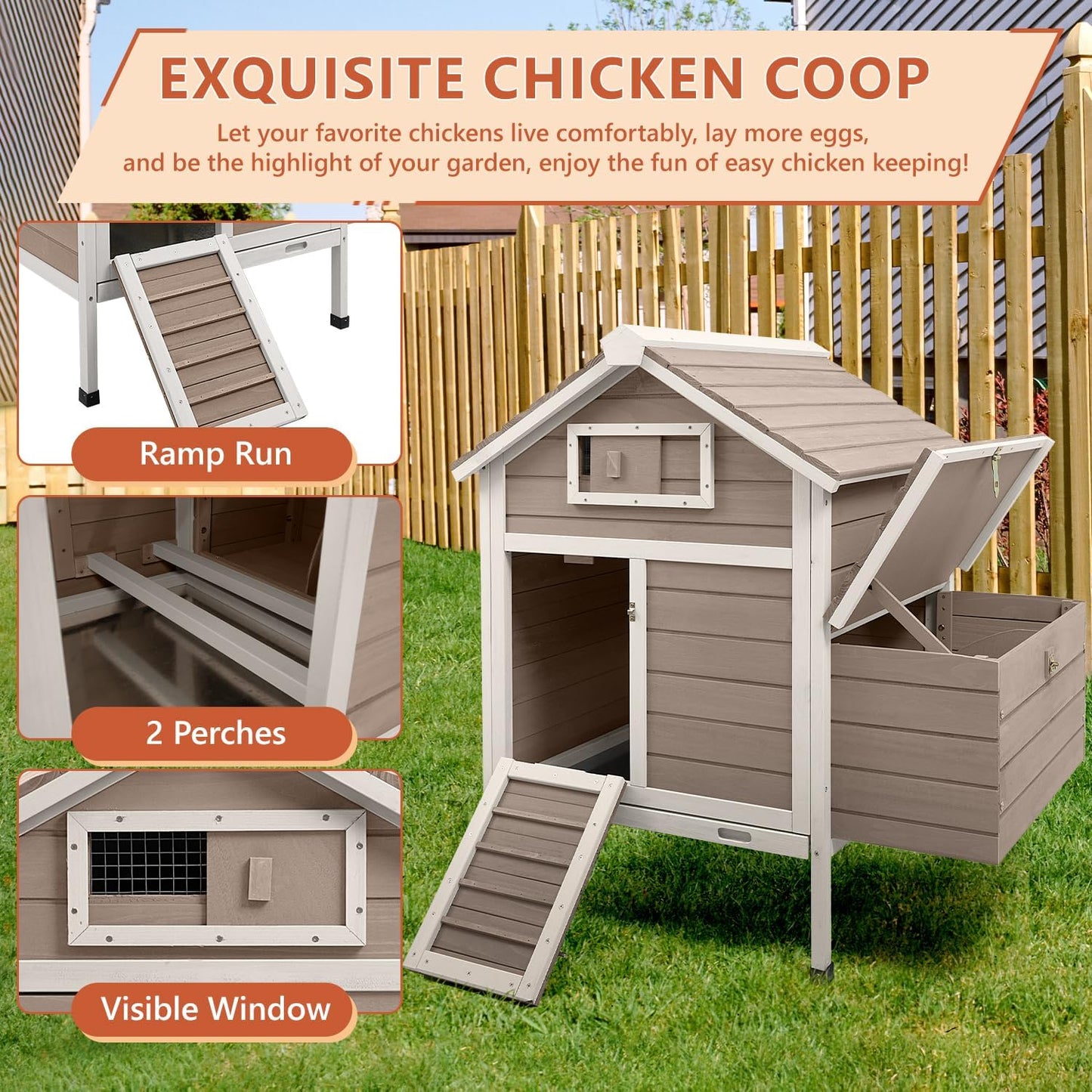 Petsblublu Wooden Small Chicken Coop Outdoor Hen House with 2 Nesting Box, 32 L x 23.6 W x 36.6 H