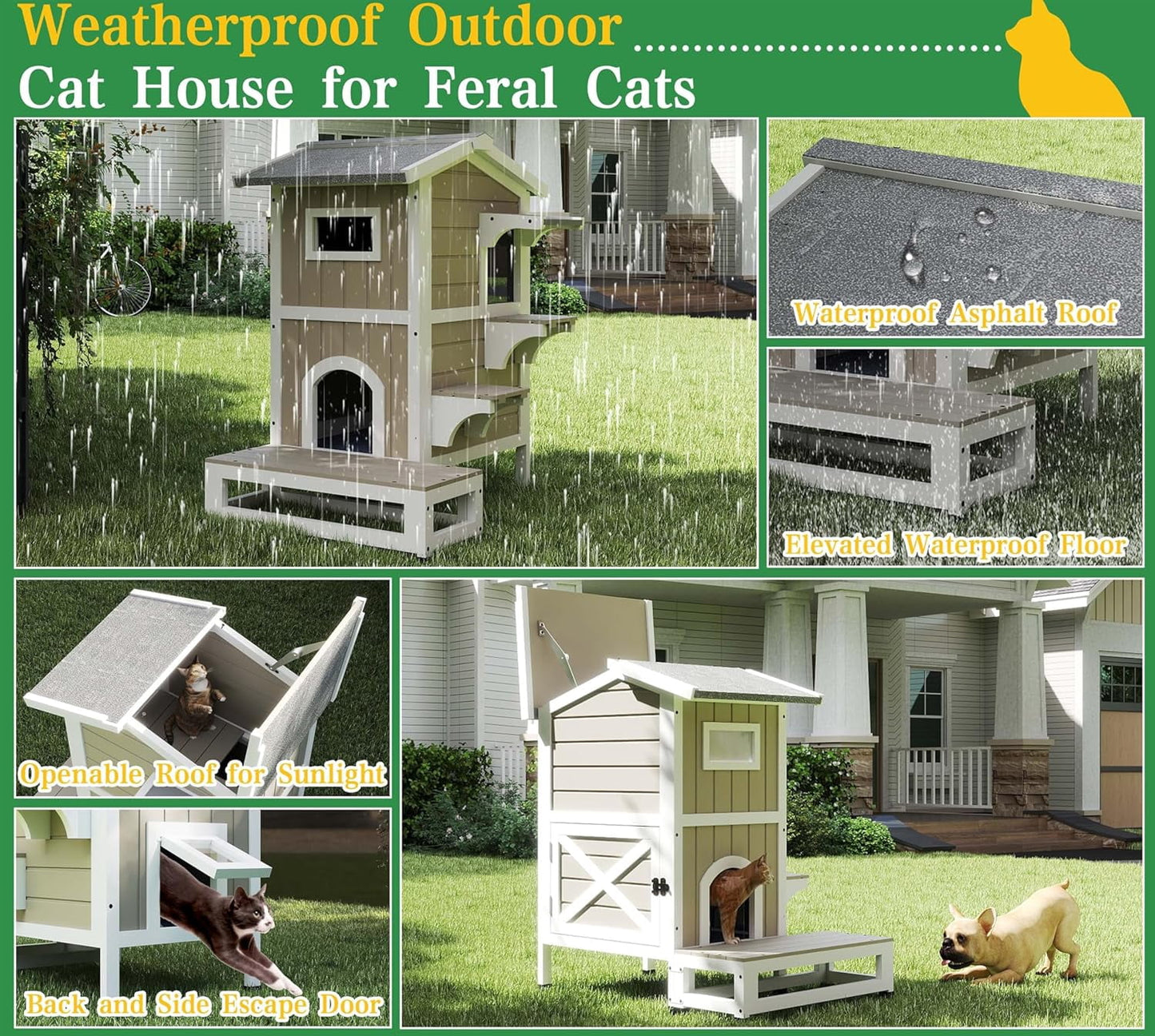 Petsblublu Outdoor Weatherproof Cat House Two Story Cats Shelter with Jumping Platforms