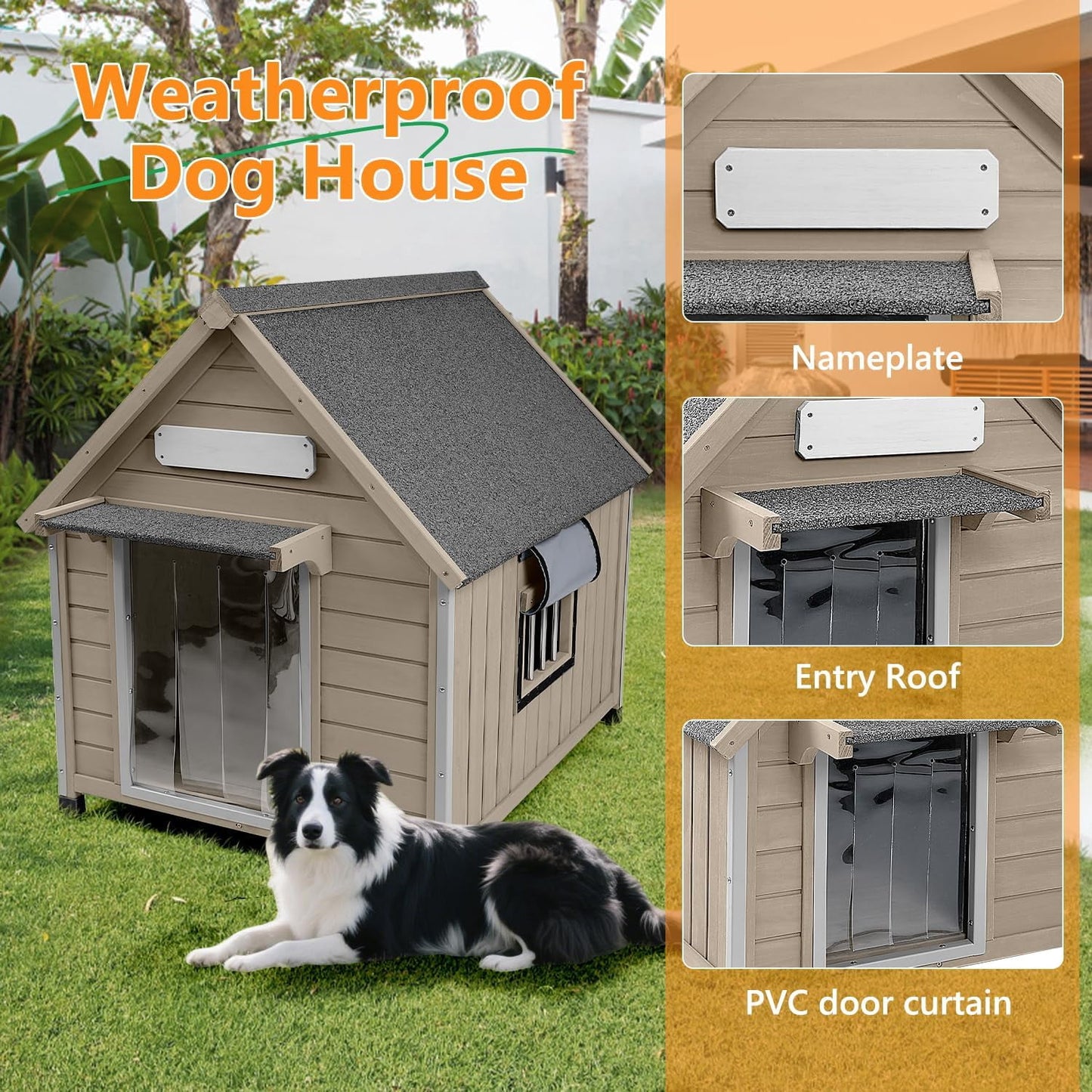 Petsblublu Large Dog House Outdoor Wooden Dog Kennel with Chew-Proof Iron Frame, 30.5 D*37.4 W*39.3 H