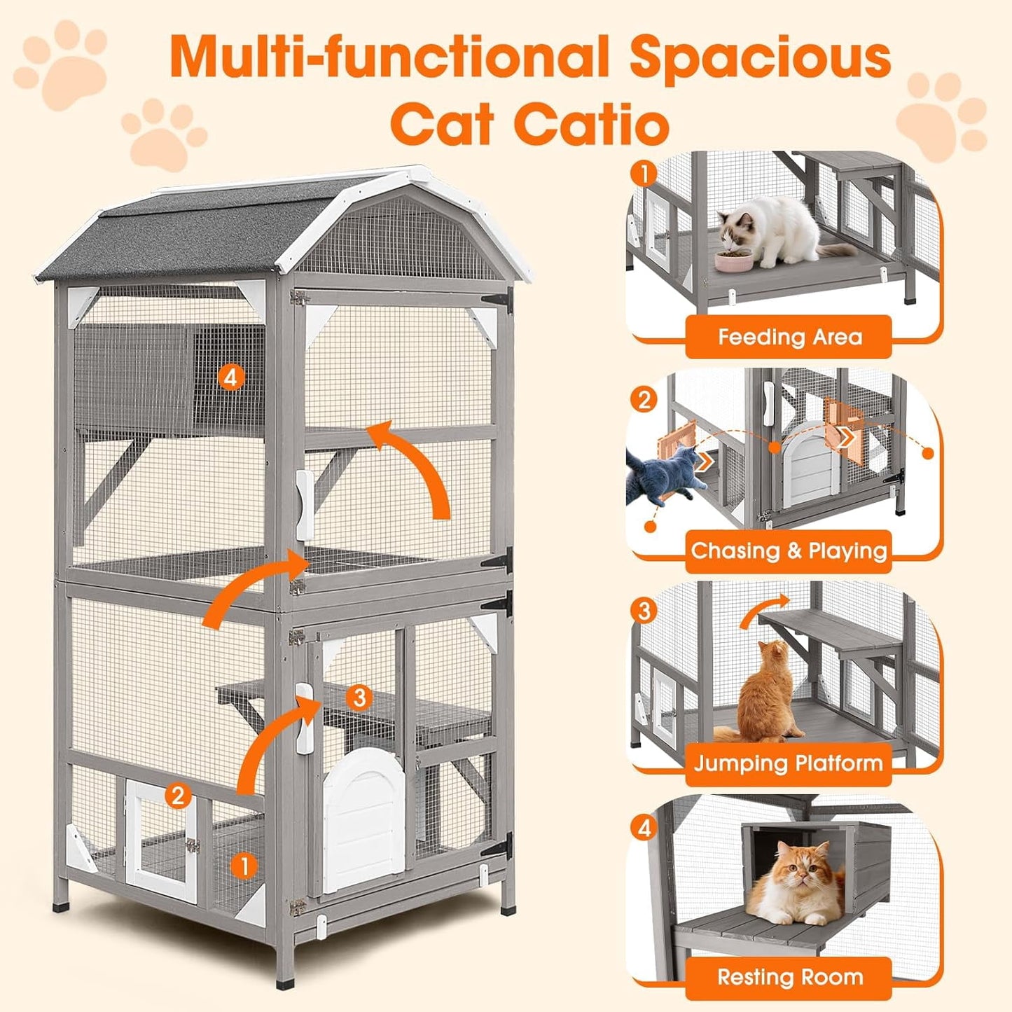 Petsblublu 71H Outdoor Cat Enclosure Wooden Cat House 4 Tiers with Removable Floor