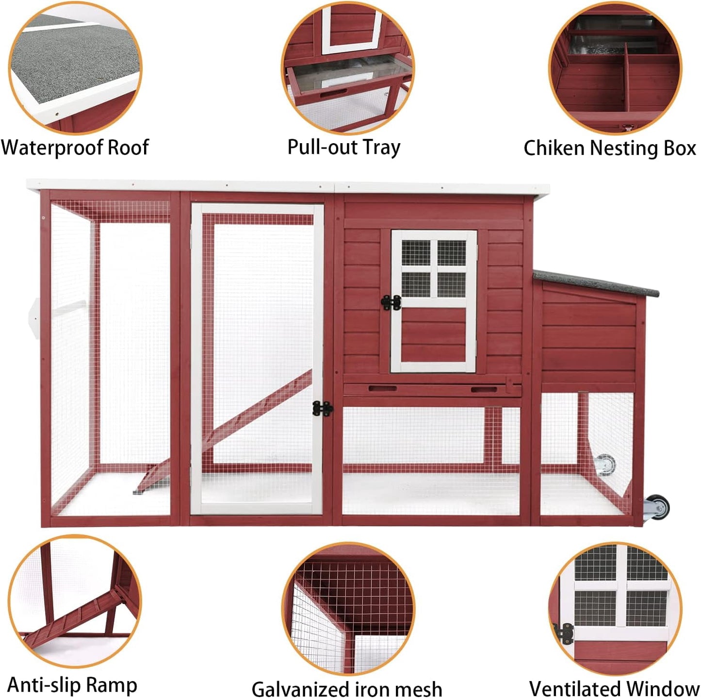 Petsblublu Outdoor Wooden Chicken Coop with Wheels Asphalt Roof Nest Boxes,Red