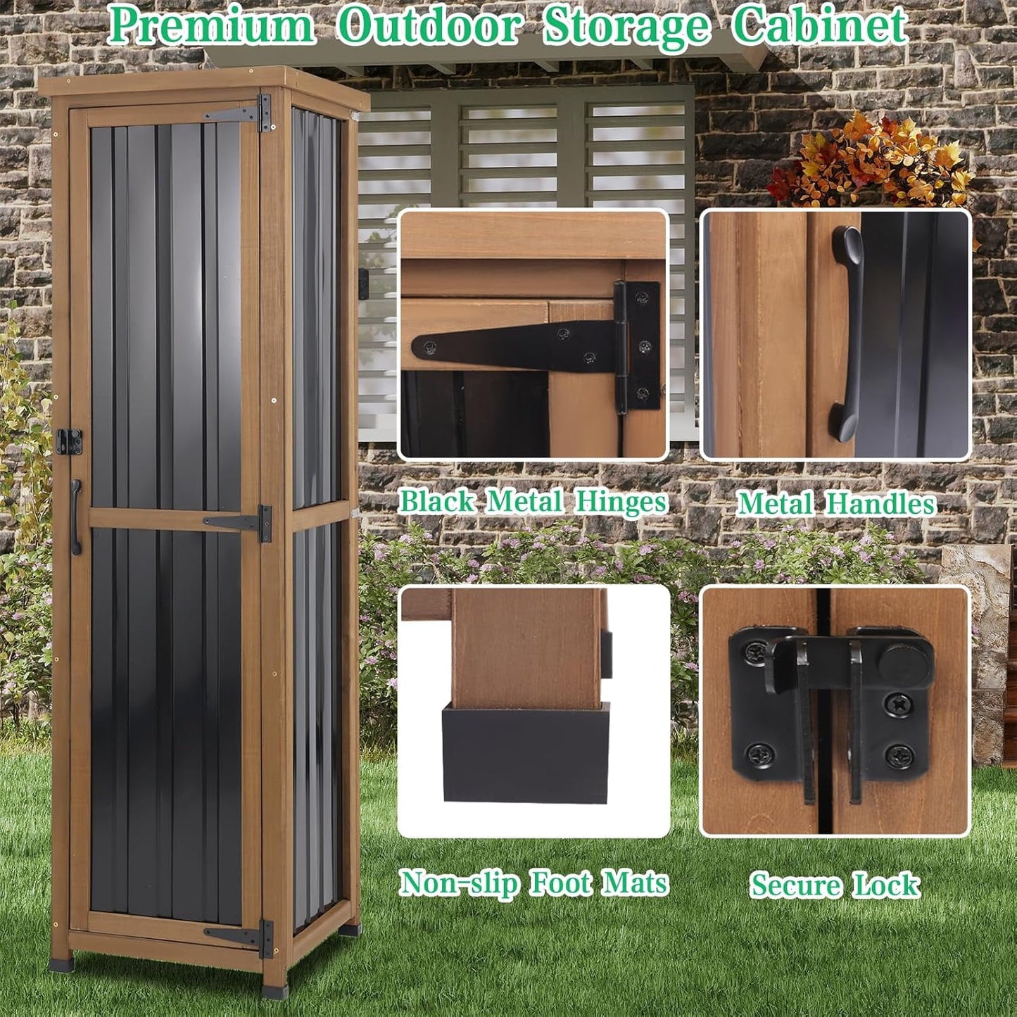 Petsblublu Outdoor Storage Cabinet Weatherproof, Tall Wood Garden Potting Bench Table,Outdoor Patio Cabinet,Brown