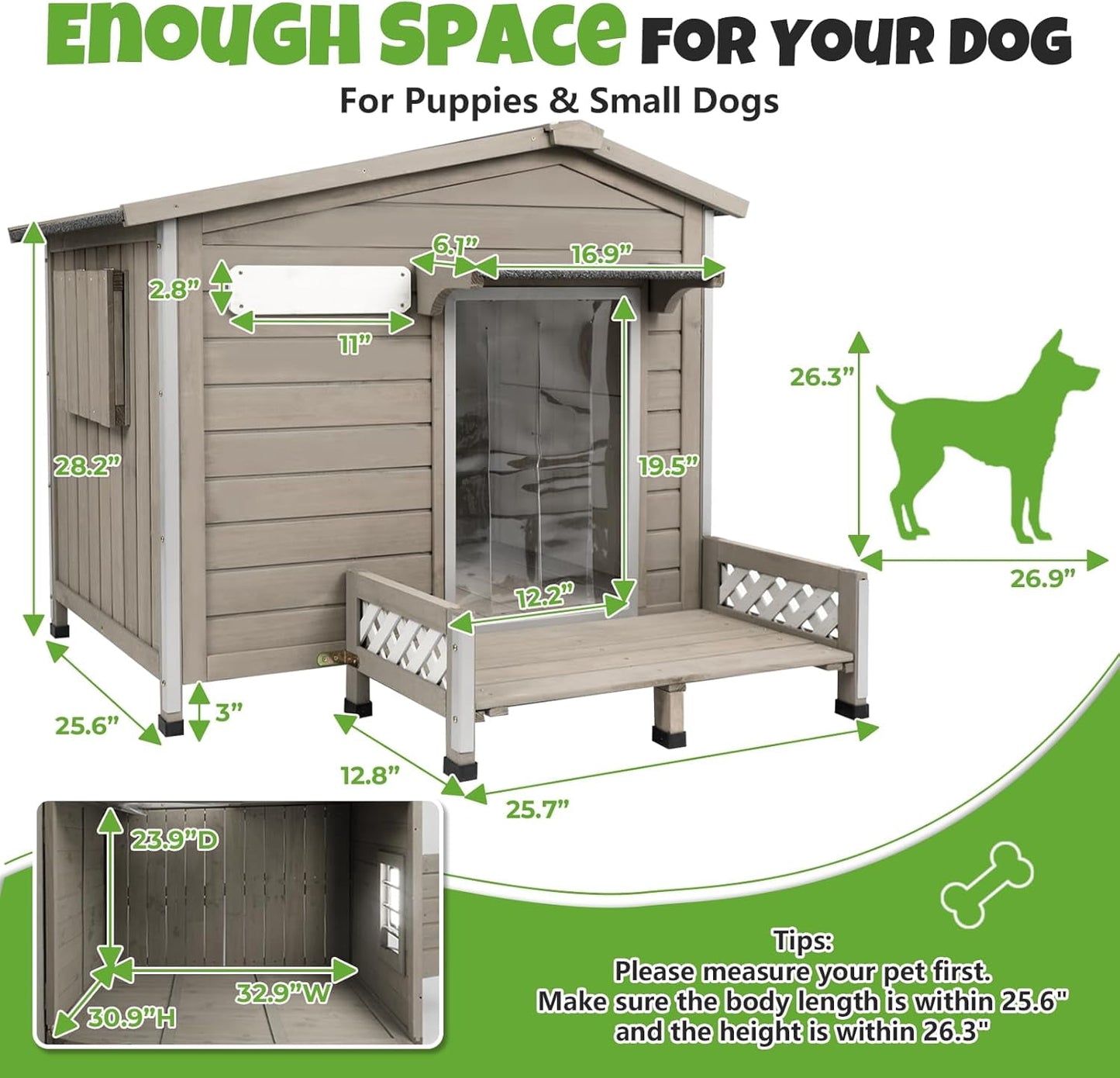 Petsblublu Large Wooden Outdoor Dog House with Porch,43.5 D x 29.5 W x 33.5 H