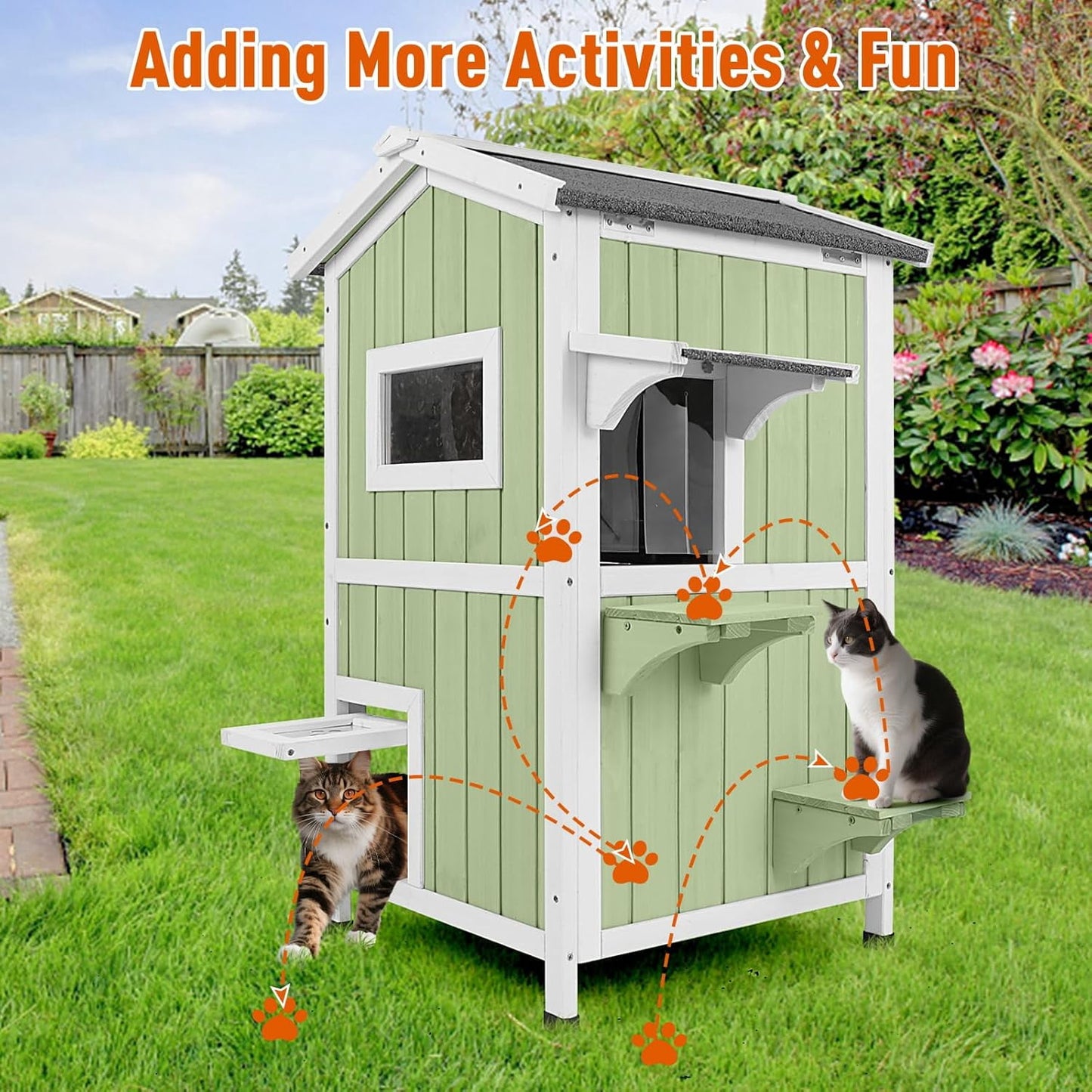 Petsblublu Insulated Outdoor Cat House 2 Story Weatherproof Elevated Outside Cat Shelter, Green