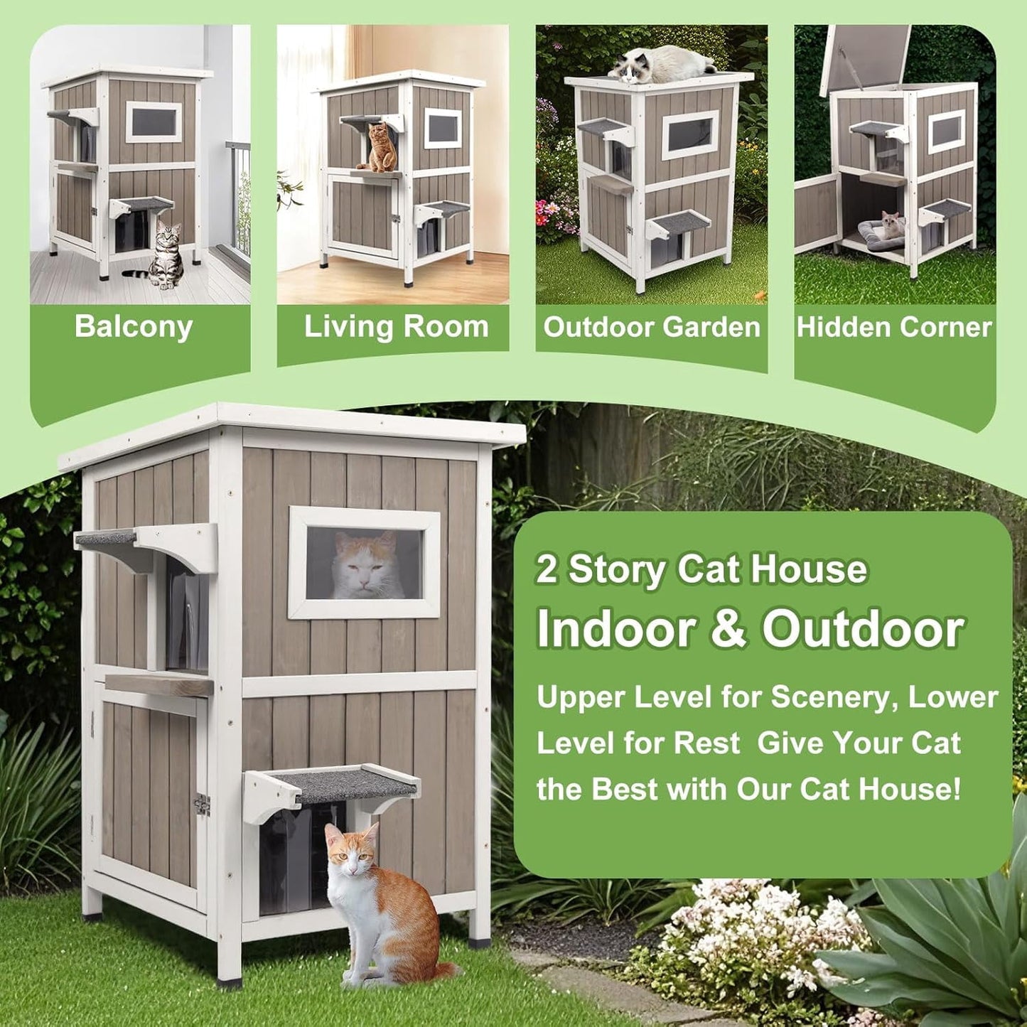 Petsblublu Outdoor Cat House Weatherproof, Two Story Wooden Feral Cat Shelter with 2 Escape Door