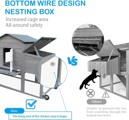 Petsblublu 79 L Chicken Coop with Run Outdoor Indoor Mobile Hen House with Nesting Boxes, Wheels, Gray