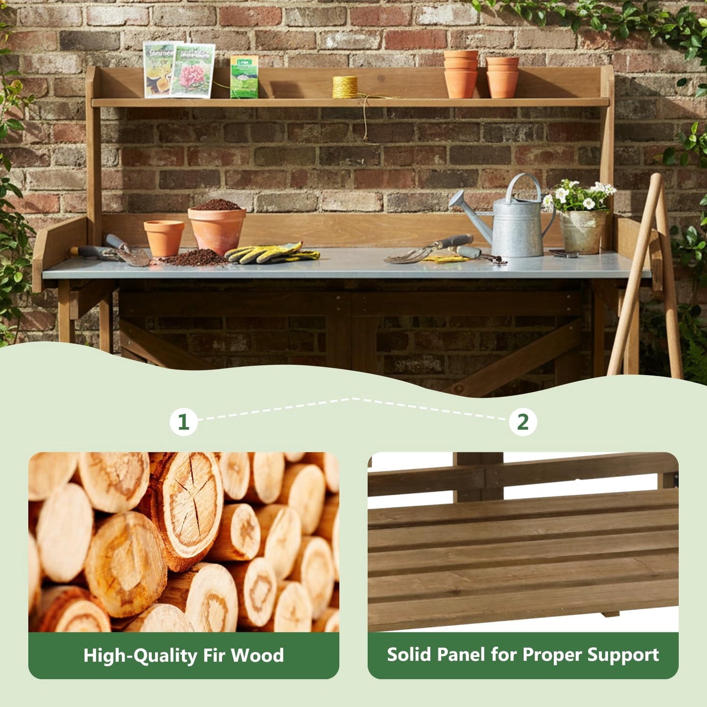 Petsblublu Garden Potting Bench Table Wooden Horticulture Outdoor Planting Work Bench with 2 Large Open Shelf