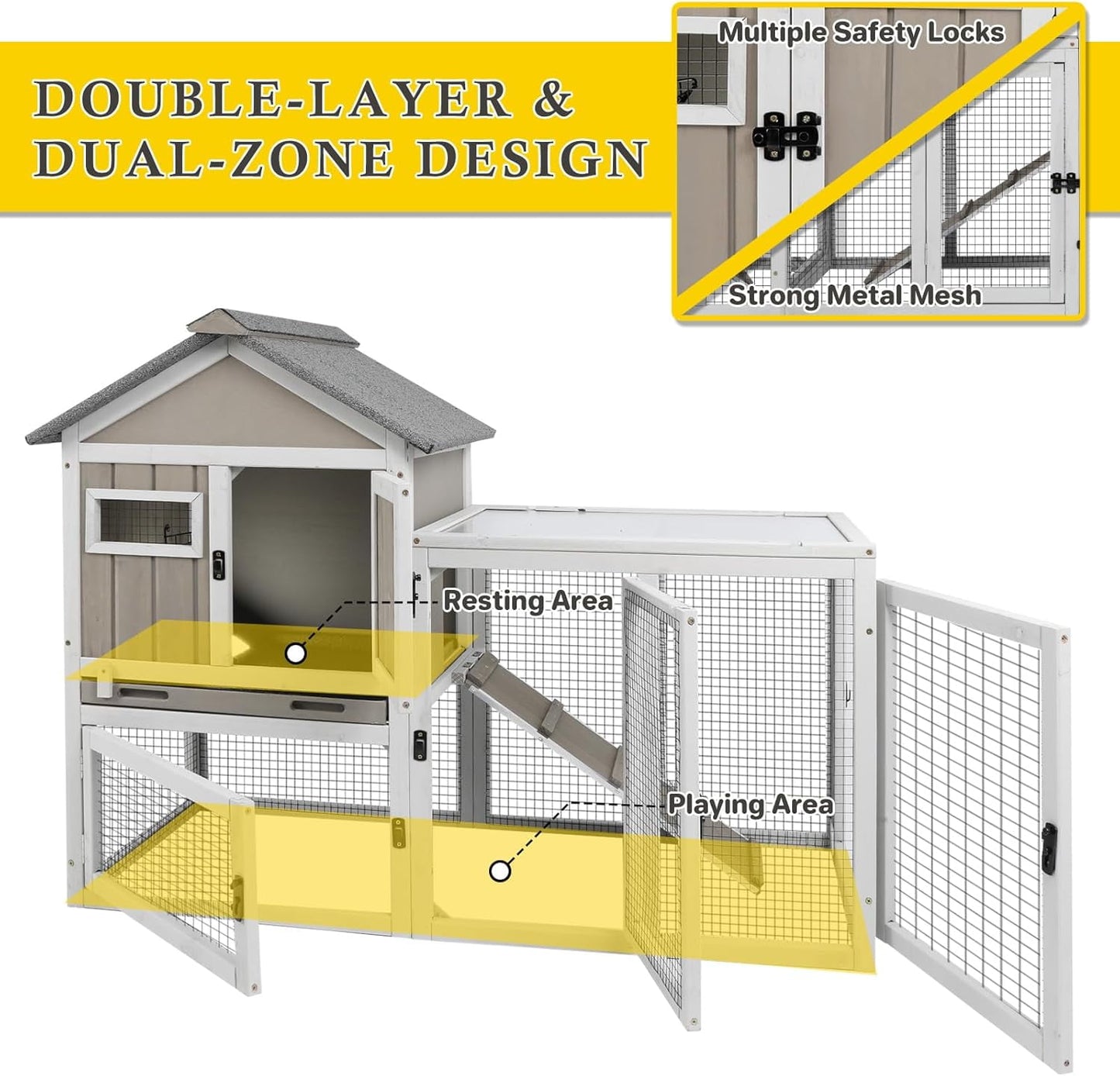 Petsblublu 47''L Rabbit Hutch Outdoor Wooden Indoor 2 Story Bunny House with Waterproof Roof