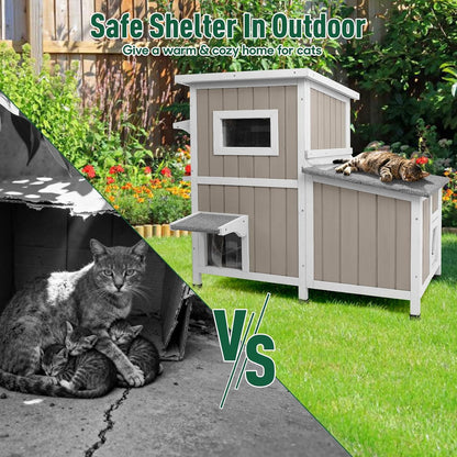 Petsblublu 2-Story Large Cat House Outdoor Feral Cat Shelter with 3 Escape Doors