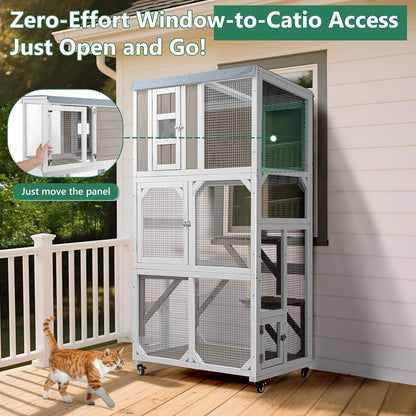 Petsblublu Outdoor Cat Enclosure with Wheels, Window Catio Large Cat House with 3 Platforms