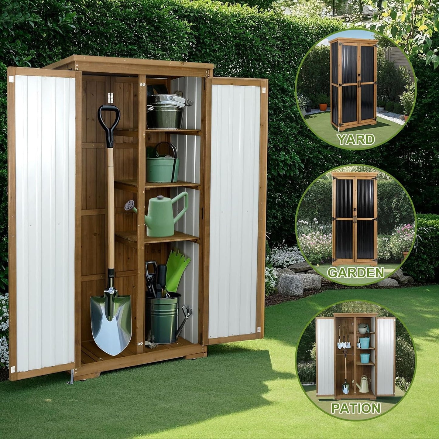Petsblublu Outdoor Storage Cabinet,Wood & Metal Storage Shed with Adjustable Shelves & Lockable Doors,for Backyard Patio, Gardening Tools