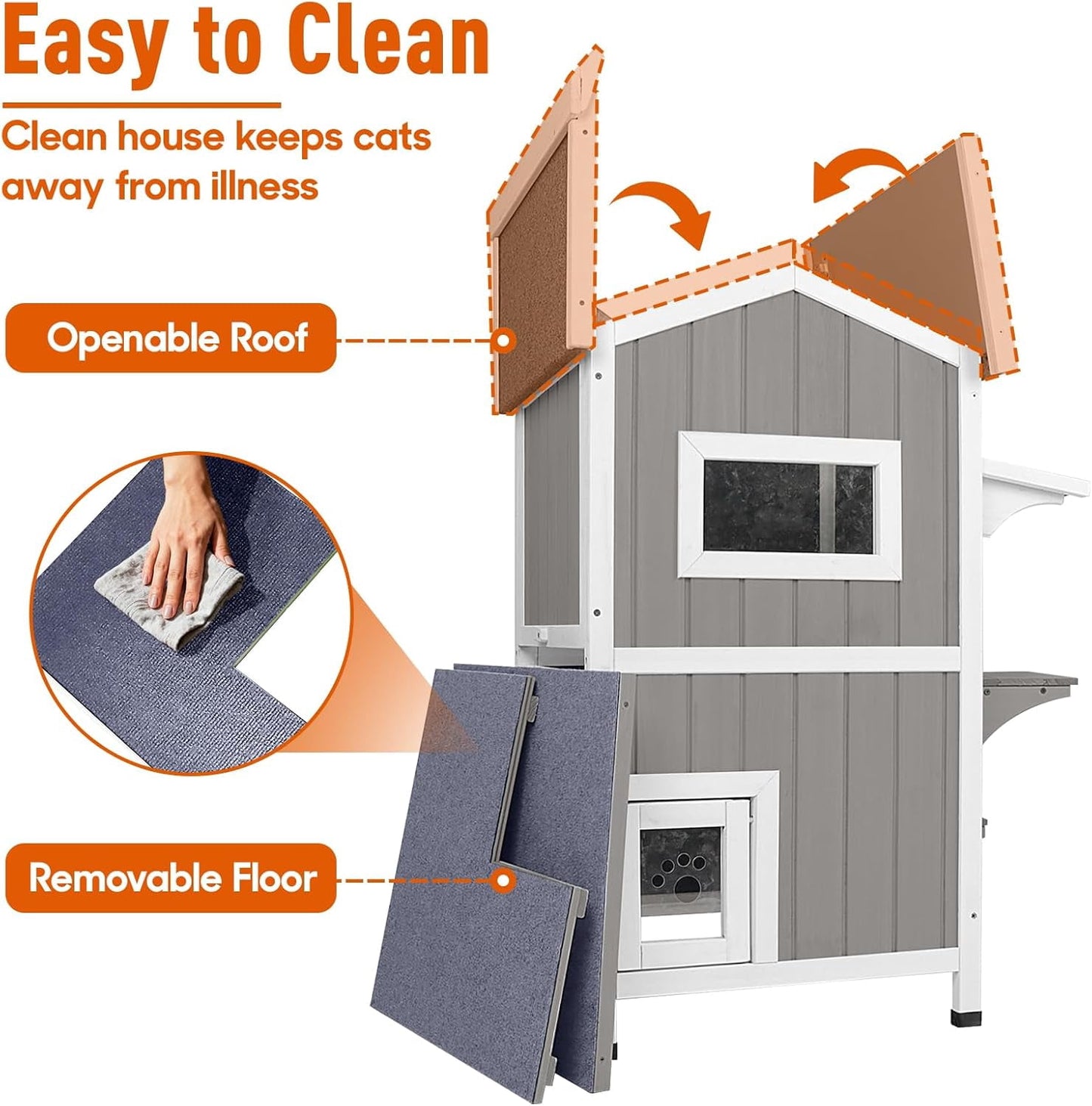 Petsblublu Insulated Outdoor Cat House 2 Story Weatherproof Elevated Outside Cat Shelter, Gray
