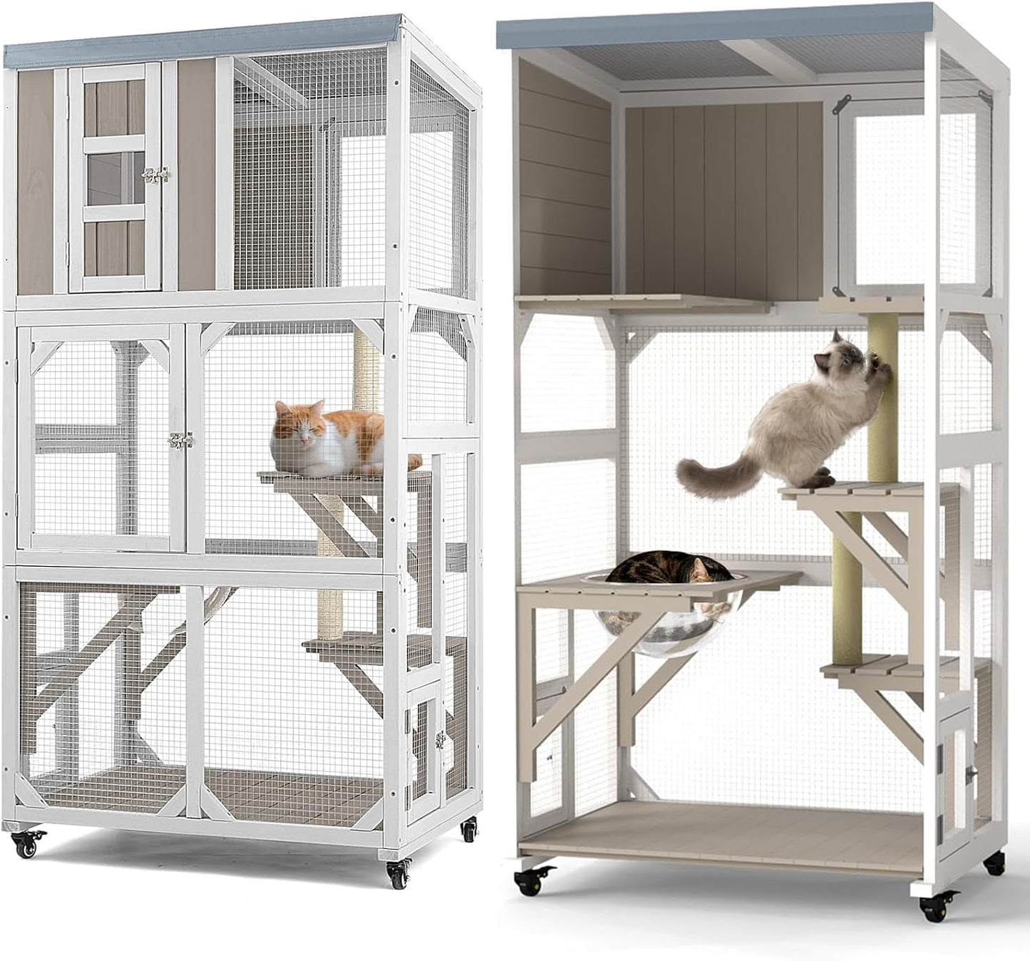 Petsblublu Outdoor Cat Enclosure with Wheels, Window Catio Large Cat House with 3 Platforms