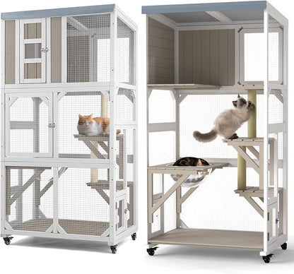 Petsblublu Outdoor Cat Enclosure with Wheels, Window Catio Large Cat House with 3 Platforms