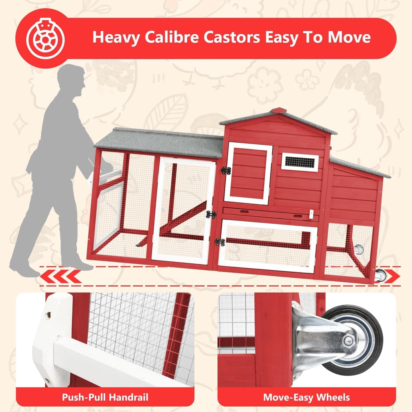 Petsblublu Chicken Coop with Nesting Box, Outdoor Poultry Cage for Backyard, Indoor Hen House with Removable Trays, Red