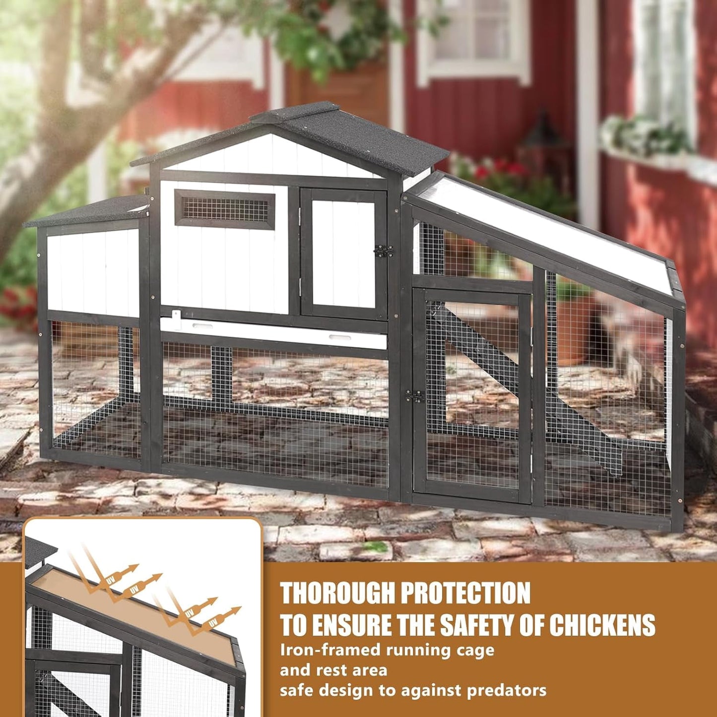 Petsblublu 65“L Outdoor Chicken Coop and Run, 2 Story Backyard Hen House with Nesting Box,Removable Tray,Ramp