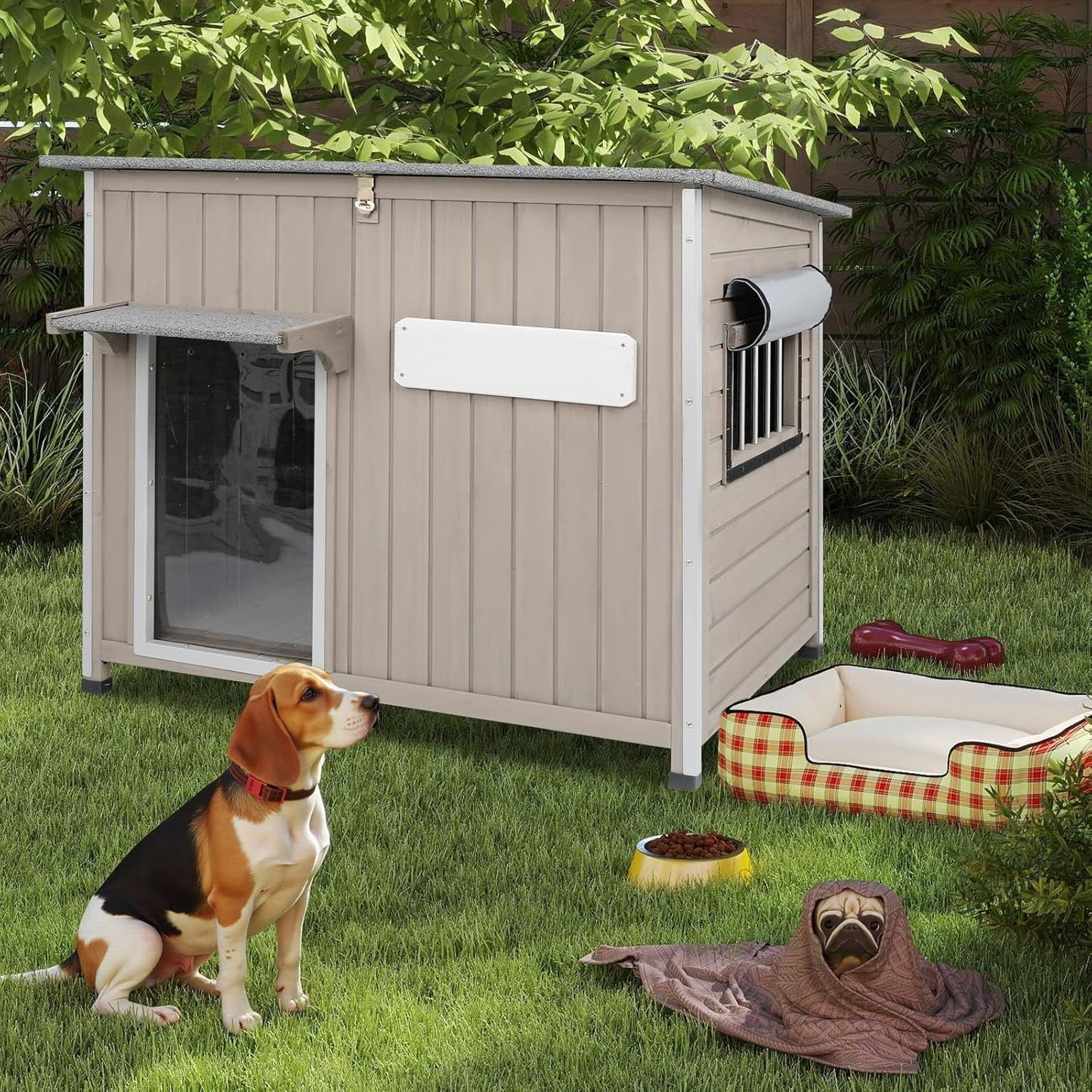 Petsblublu 40 L Weatherproof Outdoor Dog House Wooden Puppy Shelter with Elevated Floor