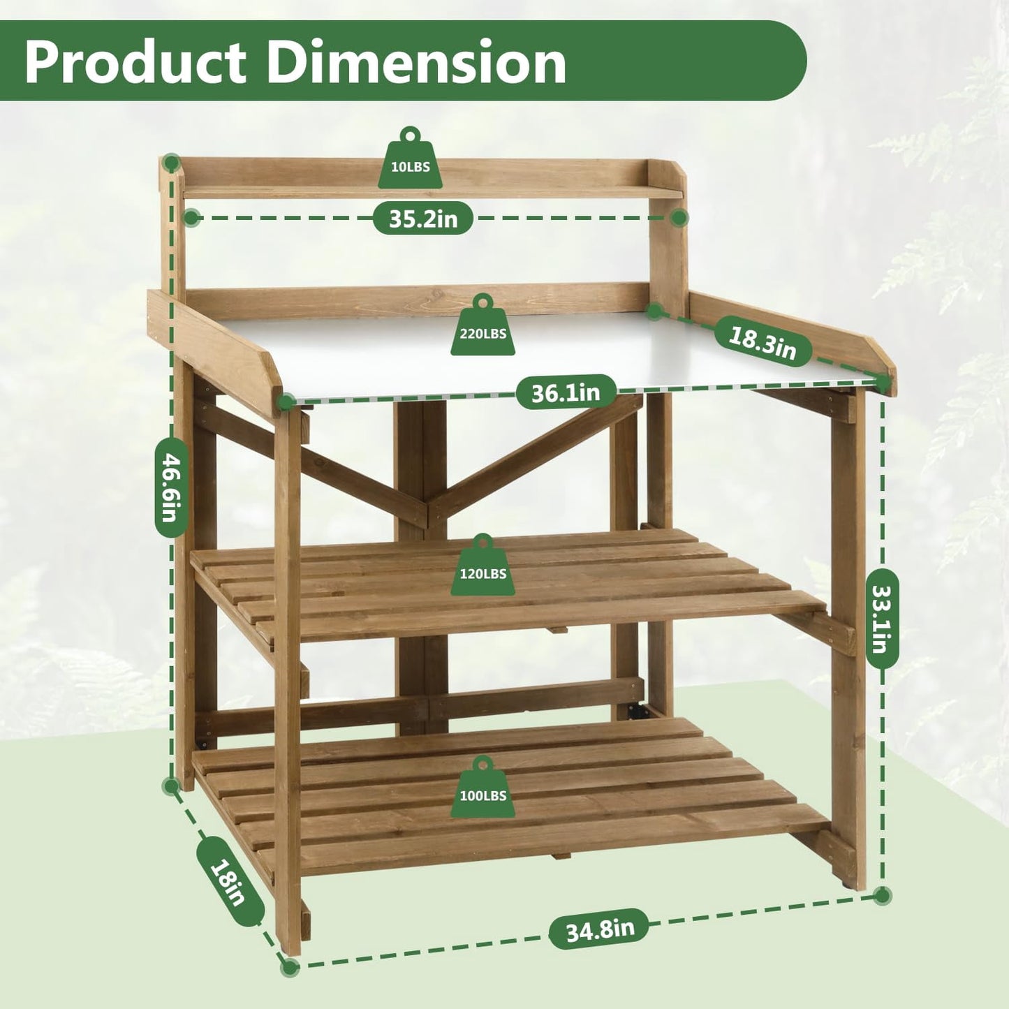 Petsblublu Garden Potting Bench Table Wooden Horticulture Outdoor Planting Work Bench with 2 Large Open Shelf