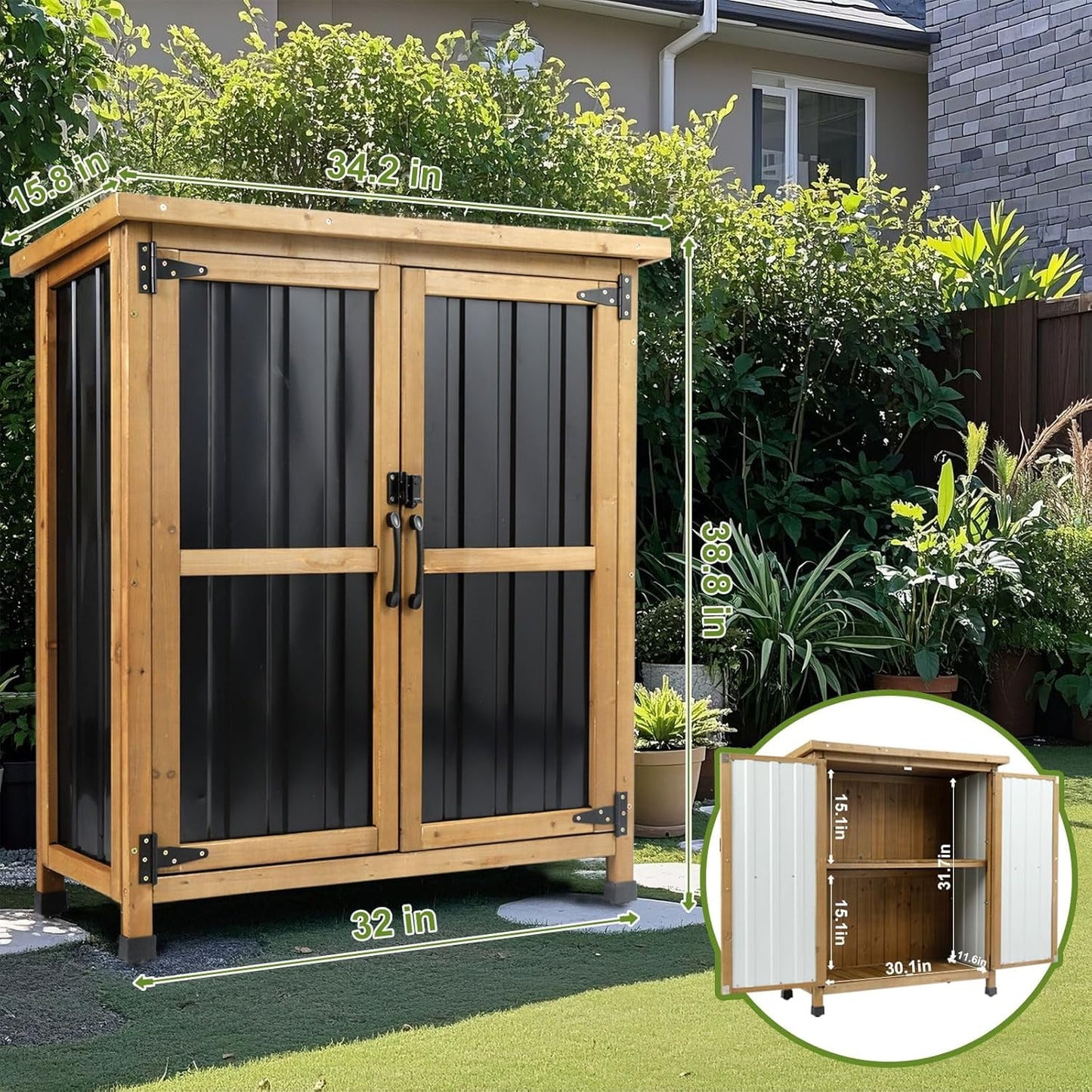 Petsblublu Small Outdoor Storage Cabinet Waterproof, Wood & Metal Garden Storage Shed, with Lockable Doors & Adjustable Shelves，Brown