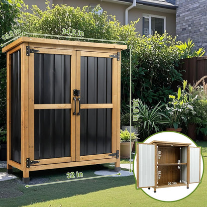 Petsblublu Small Outdoor Storage Cabinet Waterproof, Wood & Metal Garden Storage Shed, with Lockable Doors & Adjustable Shelves，Brown