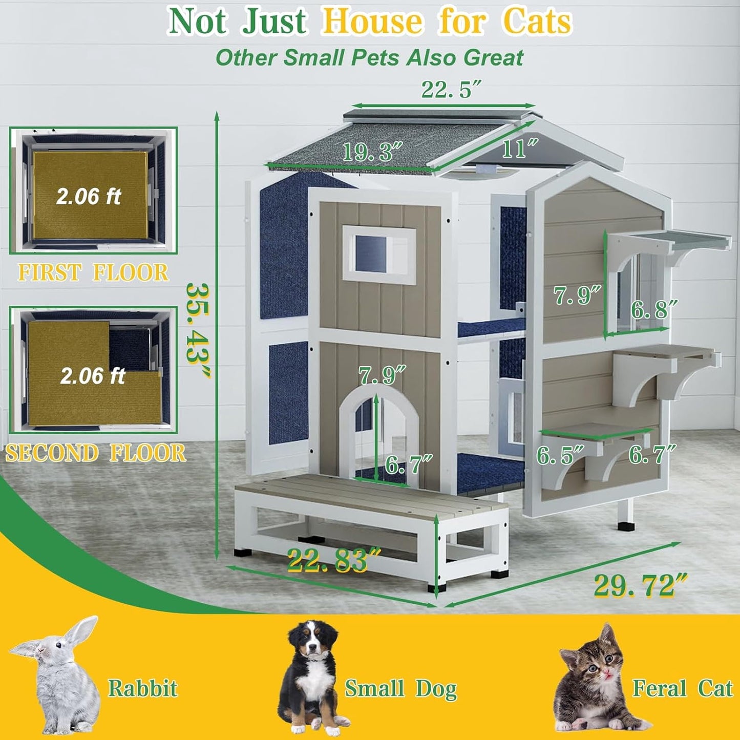 Petsblublu Insulated 2-Story Cat House with Jumping Platforms and Balcony, Gray