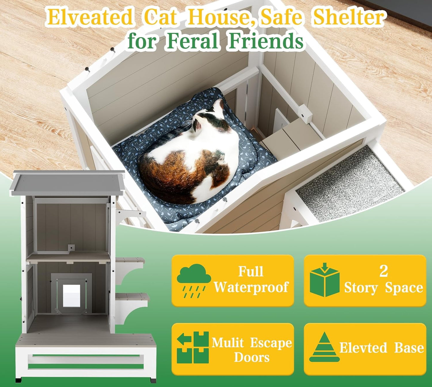 Petsblublu Outdoor Weatherproof Cat House Two Story Cats Shelter with Jumping Platforms