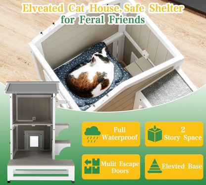 Petsblublu Outdoor Weatherproof Cat House Two Story Cats Shelter with Jumping Platforms