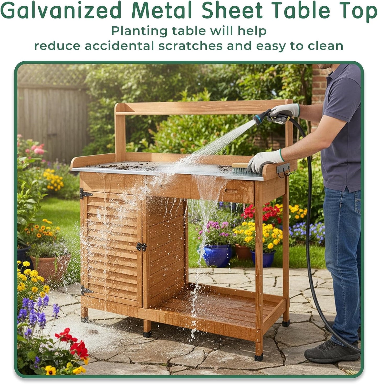 Petsblublu Potting Bench Table Work Bench with Storage Cabinet Outdoor Wooden Garden,Brown
