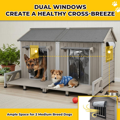 Petsblublu 59L Wooden Outdoor Large Dog House for 2 Dogs with Large Balcony