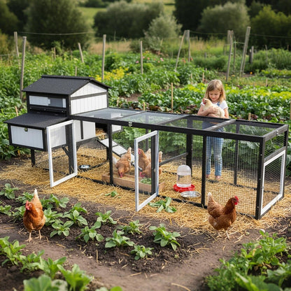Petsblublu 116 Large Chicken Coop with Run, Wooden Hen House Outdoor Poultry Cage with Nesting Boxes
