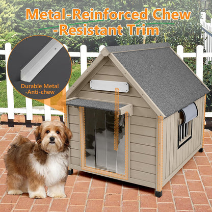 Petsblublu Large Dog House Outdoor Wooden Dog Kennel with Chew-Proof Iron Frame, 30.5 D*37.4 W*39.3 H