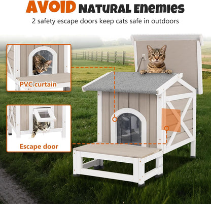 Petsblublu Small Insulated Outdoor Cat House with Openable Roof Indoor Pet Feral Cats Shelter for Winter, Gray