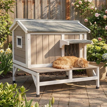 Petsblublu Insulated Outdoor Small Cat House Wooden Indoor Feral Cats Shelter for Winter with Balcony