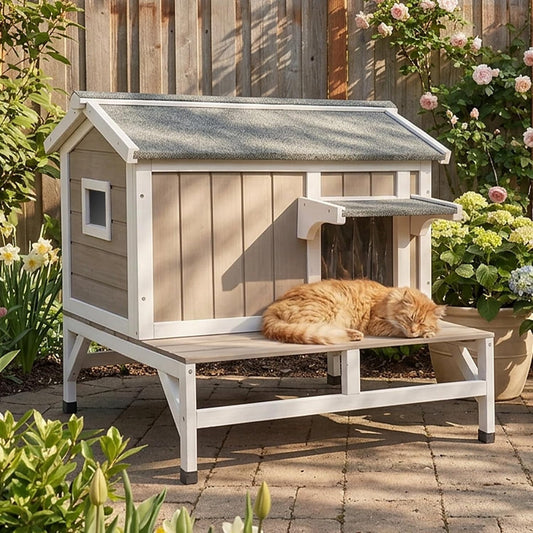 Petsblublu Insulated Outdoor Small Cat House Wooden Indoor Feral Cats Shelter for Winter with Balcony