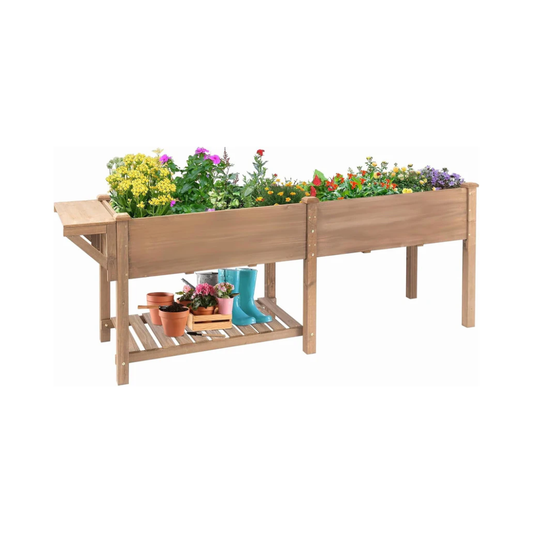 Petsblublu 80x23x30in Raised Garden Bed, Elevated Wood Planter w/ Extra table, Shelf, Liner - Brown