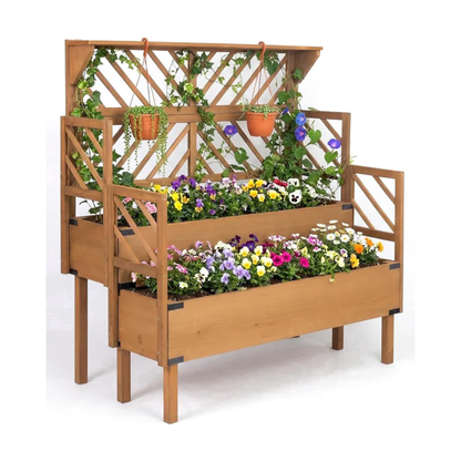 Petsblublu Raised Garden Bed Outdoor with Lattice Trellis, Flower Plant Stand with Two Planting Areas