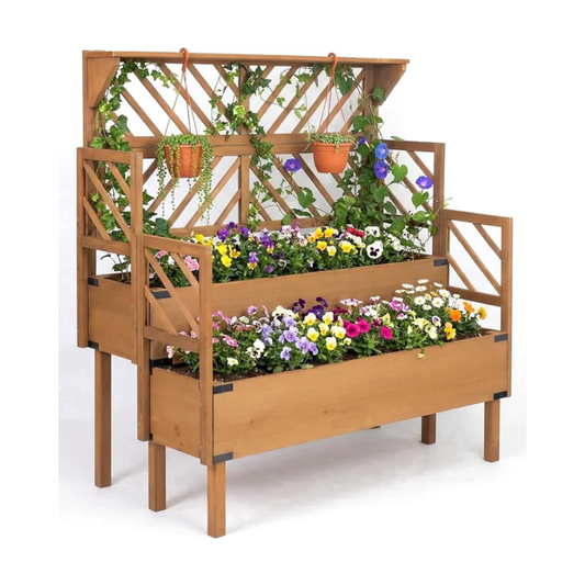 Petsblublu Raised Garden Bed Outdoor with Lattice Trellis, Flower Plant Stand with Two Planting Areas