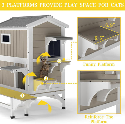 Petsblublu Insulated Outdoor Two-Story Cat House with Jumping Platforms, Gray