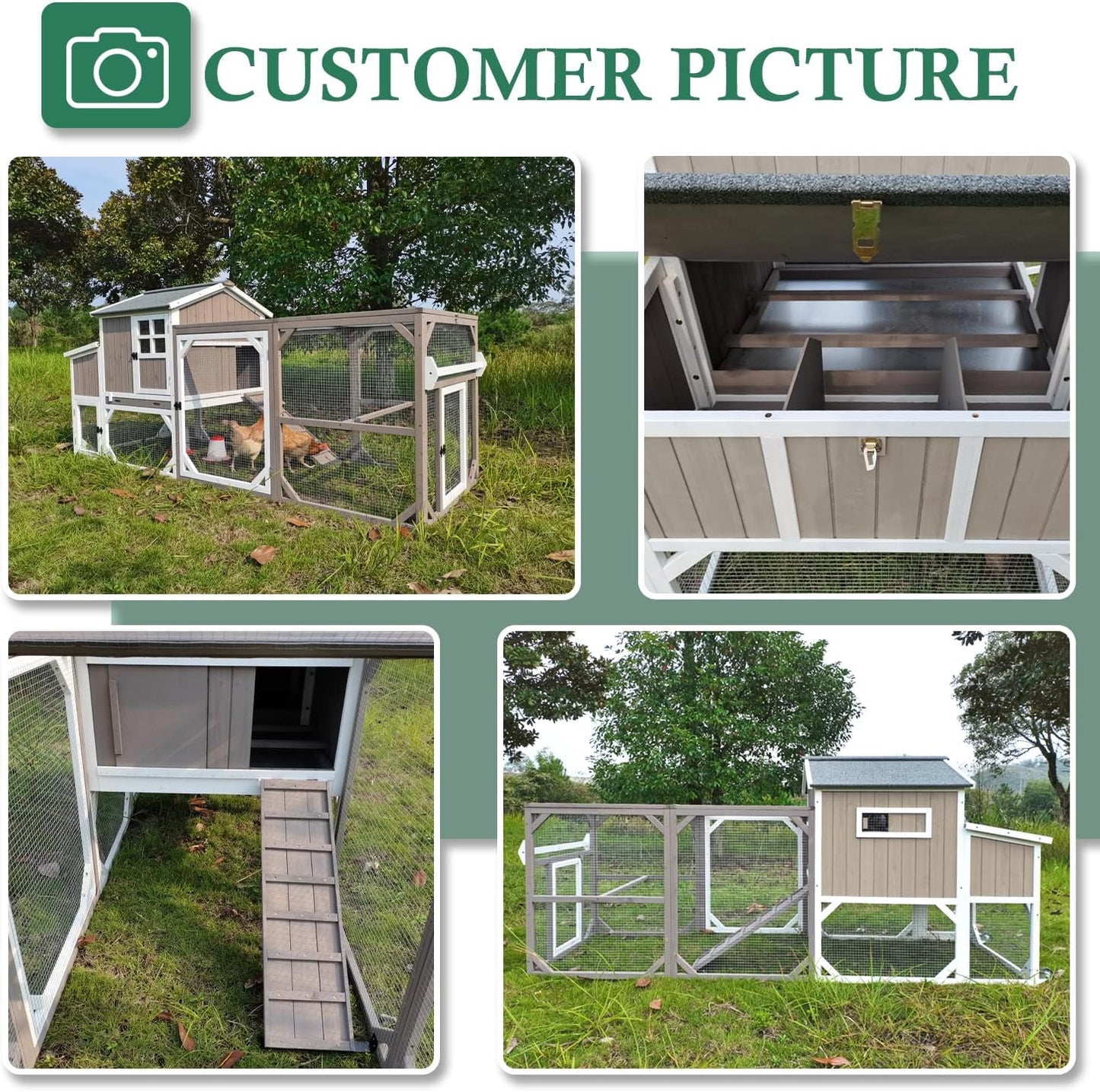 Petsblublu 95.3 L Outdoor Large Chicken Coop with Run, Chicken Tractor Hen House with 3 Nesting Boxes, Gray