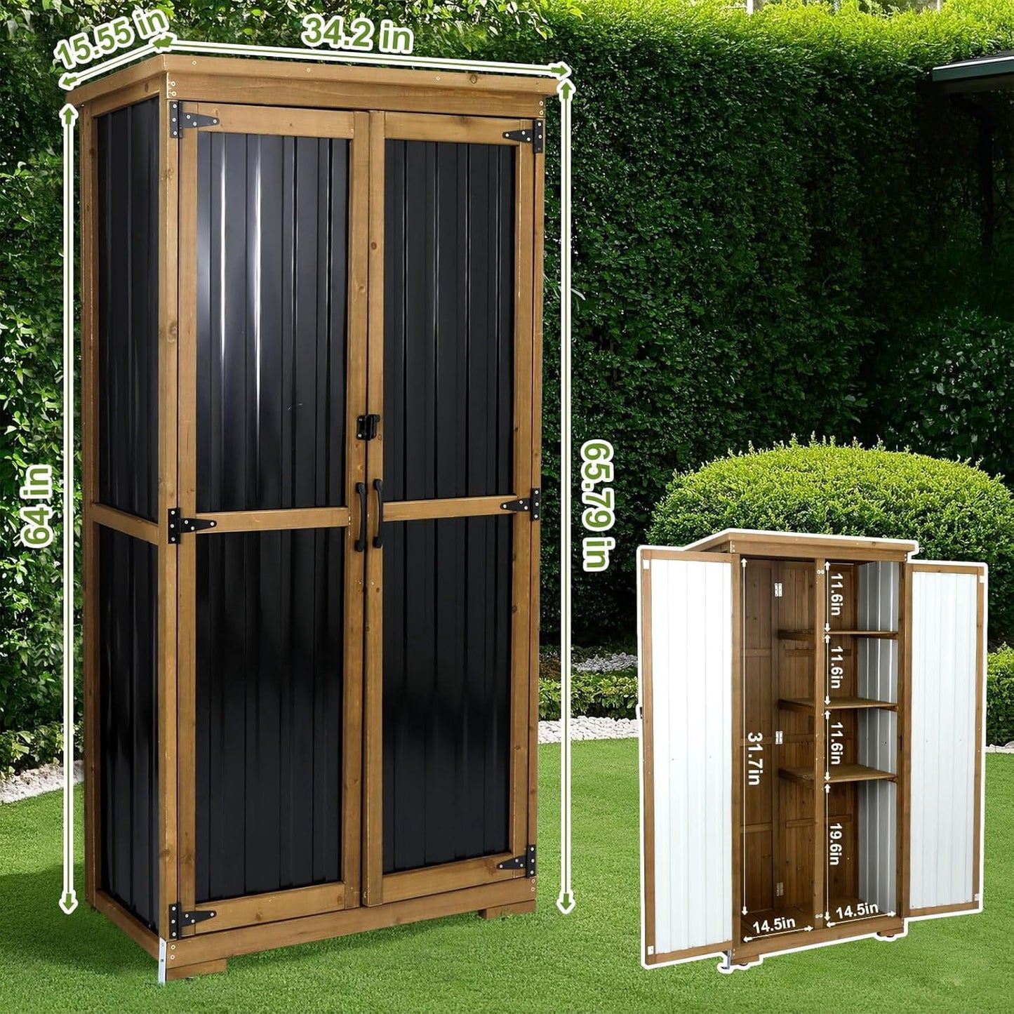 Petsblublu Outdoor Storage Cabinet,Wood & Metal Storage Shed with Adjustable Shelves & Lockable Doors,for Backyard Patio, Gardening Tools