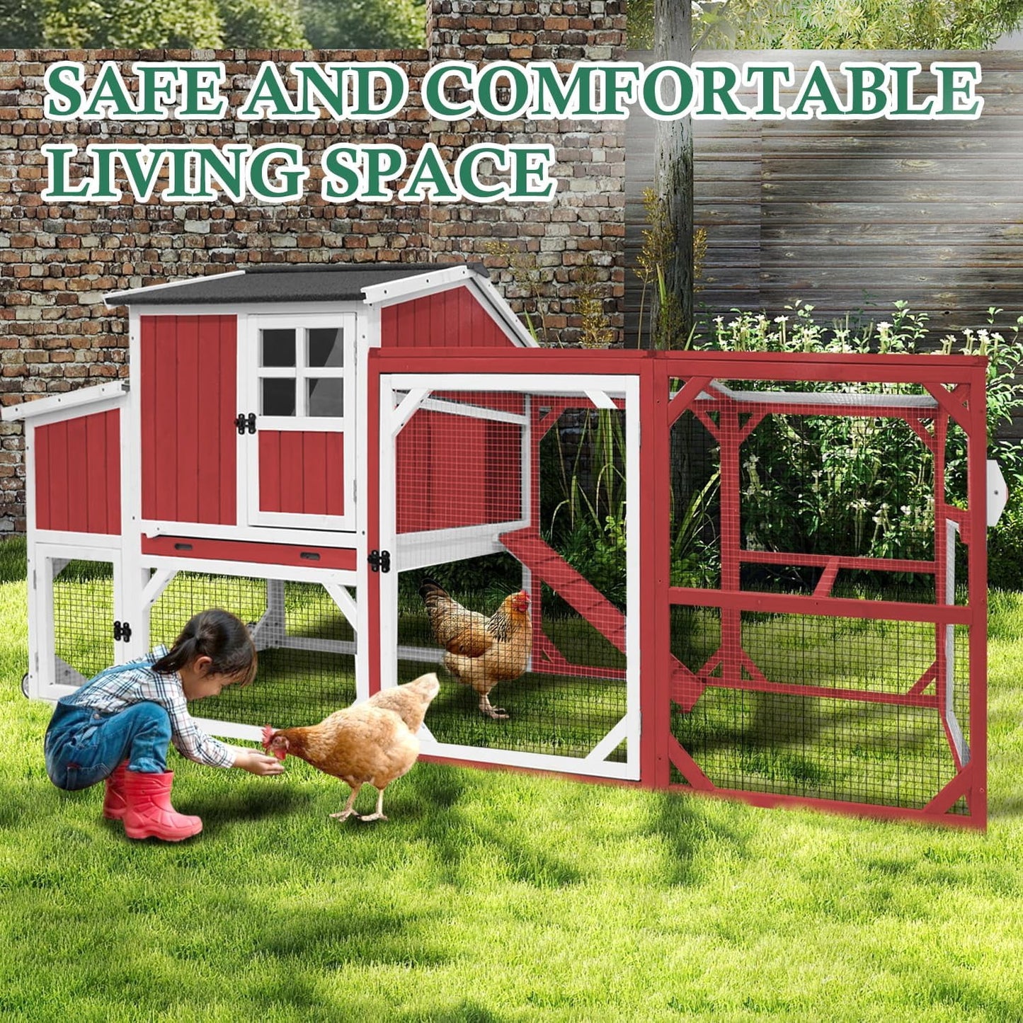 Petsblublu 95.3 L Outdoor Large Chicken Coop with Run, Chicken Tractor Hen House with 3 Nesting Boxes, Red