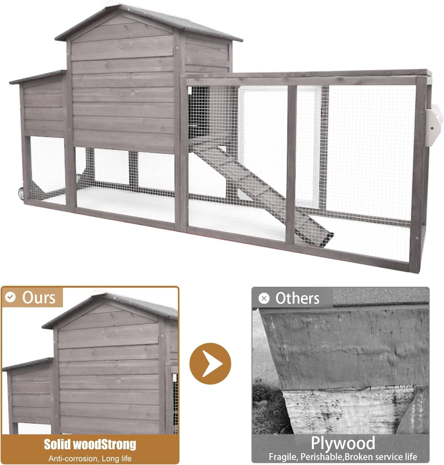 Petsblublu 79 L Chicken Coop with Run Outdoor Indoor Mobile Hen House with Nesting Boxes, Wheels, Gray