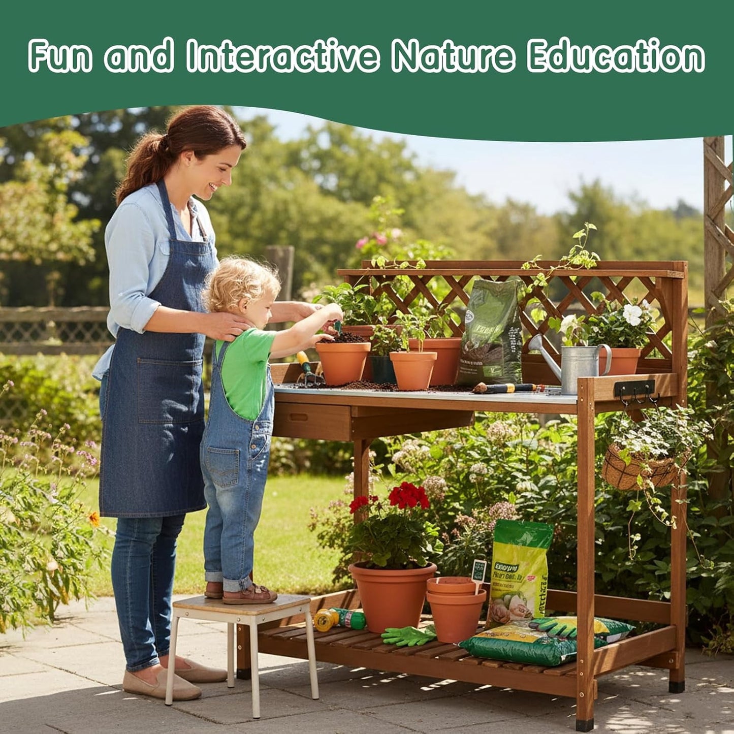 Petsblublu Outdoor Potting Bench Table Work Bench with Drawer Natural Wood Garden with Bottom Shelf
