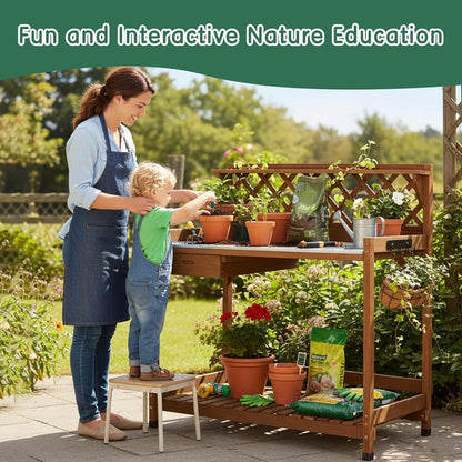 Petsblublu Outdoor Potting Bench Table Work Bench with Drawer Natural Wood Garden with Bottom Shelf