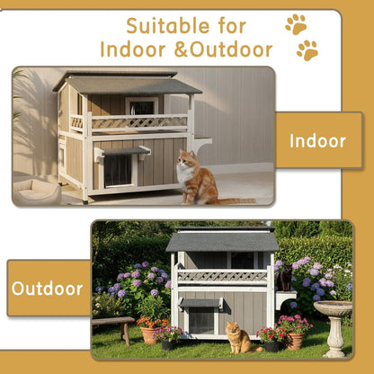 Petsblublu Outdoor Cat House 2 Story Wooden Cat Feral with Balcony Waterproof, Escape Doors