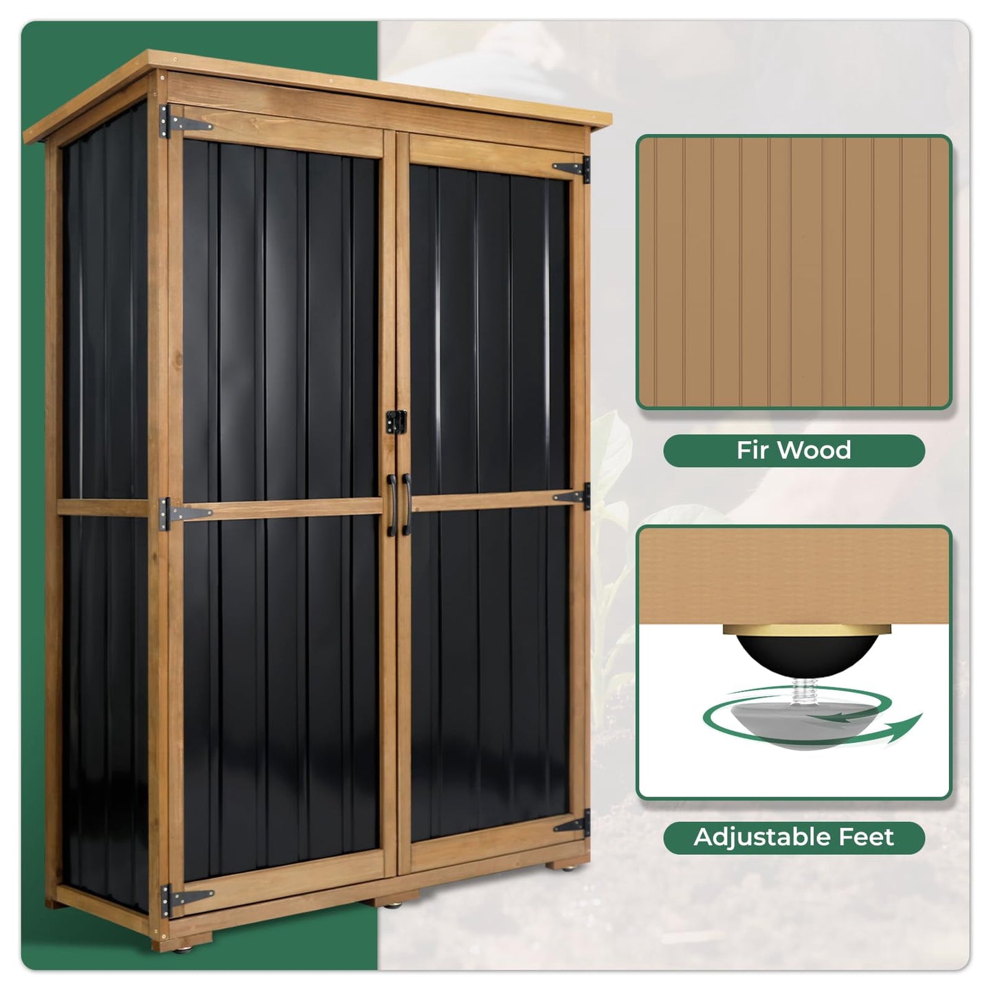 Petsblublu Outdoor Storage Shed with Adjustable Shelf, Wood & Metal Storage Cabinet Waterproof,Vertical Garden Shed for Patio Backyard