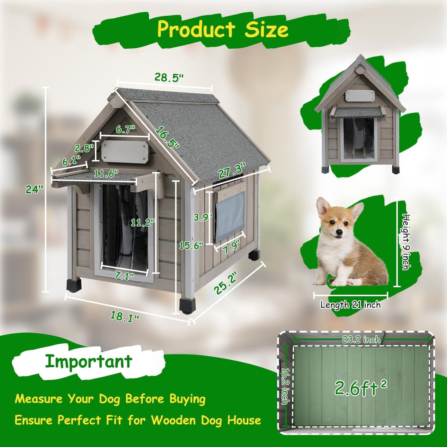 Petsblublu Dog House Outdoor Indoor Waterproof for Small Dog with Raised Feet, 18 D*28.5 W*24 H
